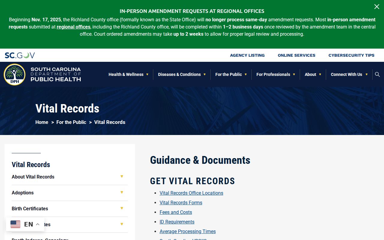 Lexington resident lookup access at the South Carolina DPH Vital Records gateway