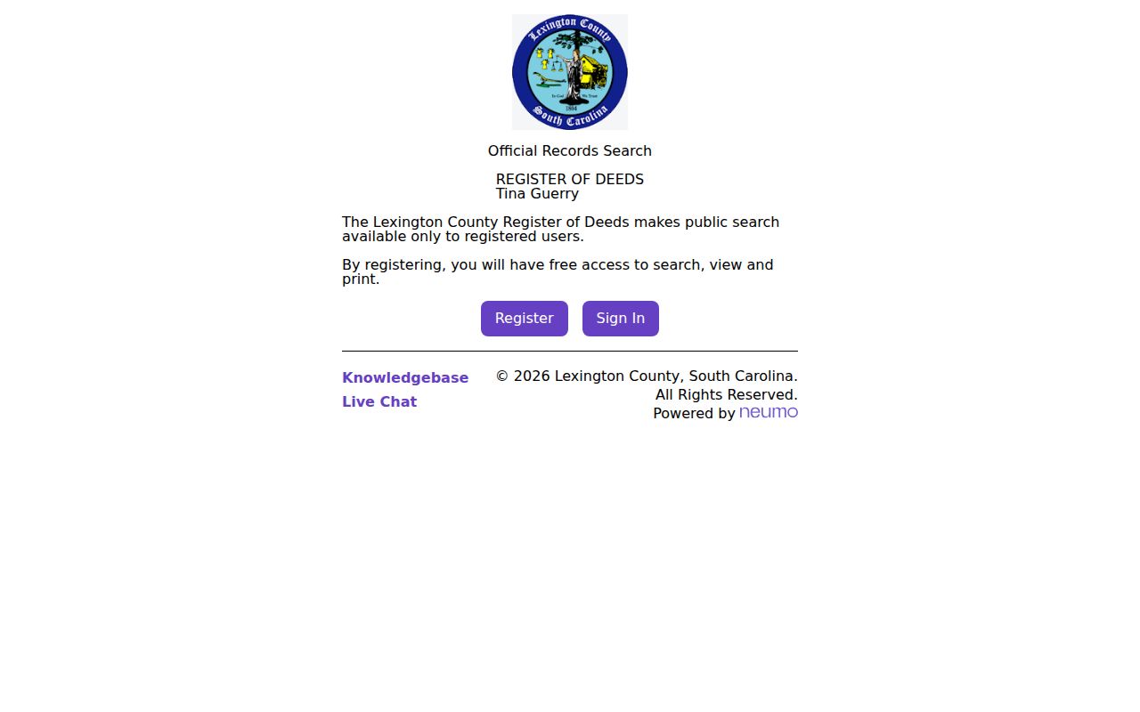 Lexington street directory Register of Deeds registration screen